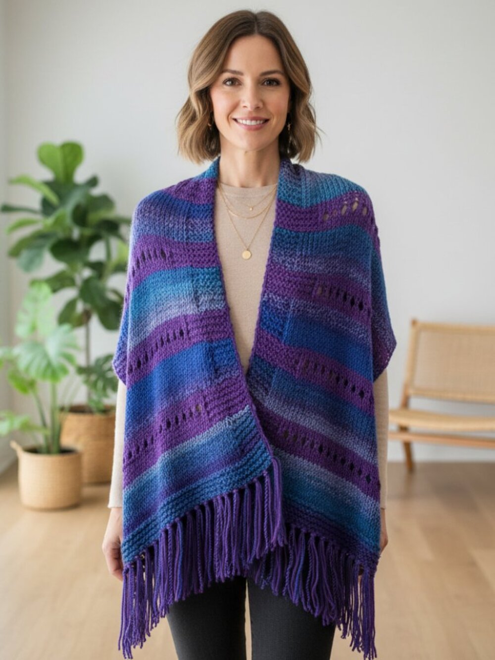 NEW Blue Purple Eyelet Mix Stitch Hand Knit Shawl Wrap Scarf Boho Cottage Indie
